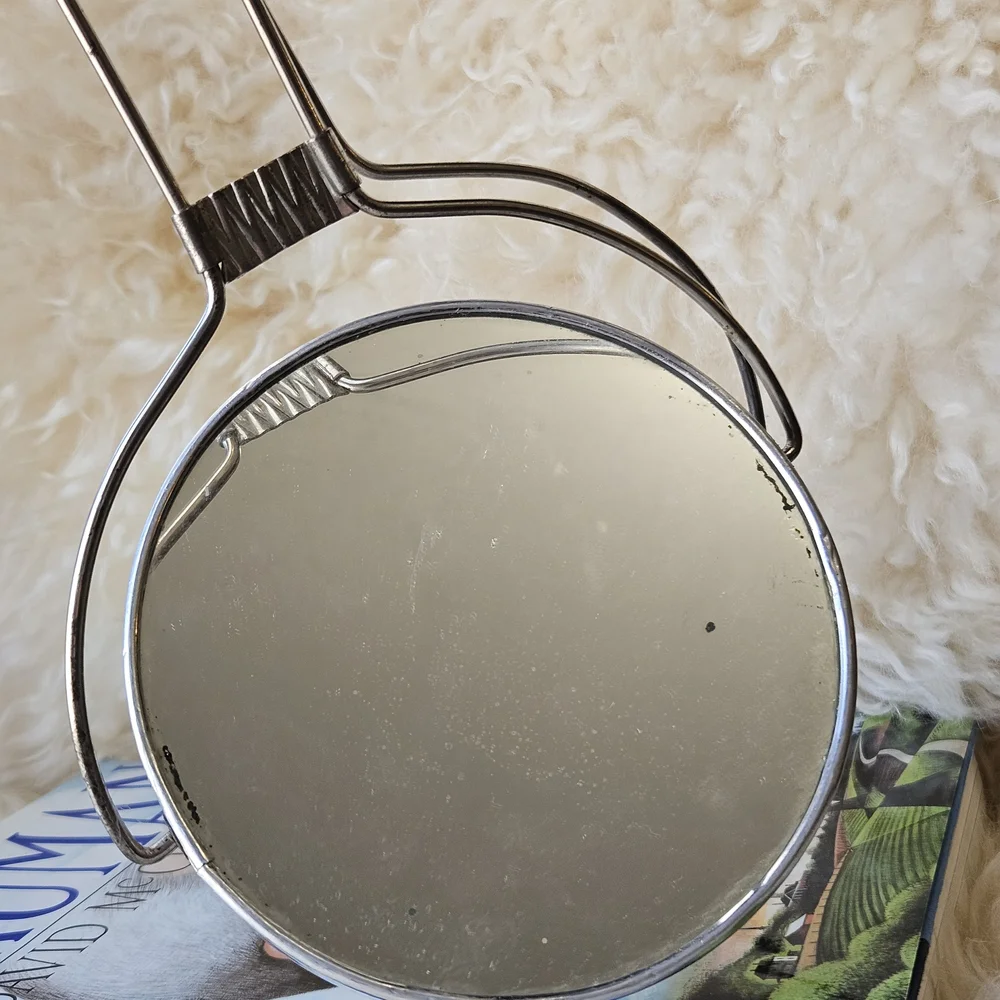 Vintage Midcentury 1960s Round 2-sided Silver Hanging Vanity Mirror